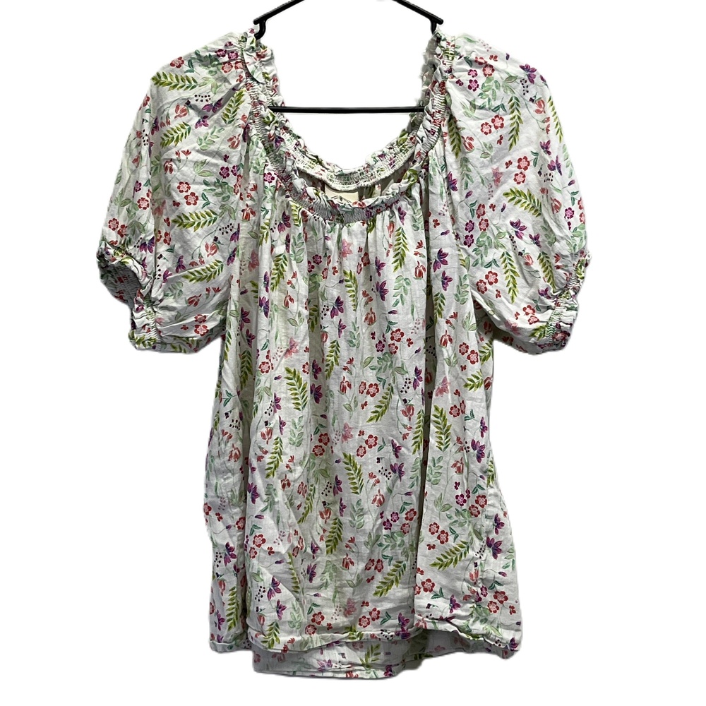 St Johns Bay White Floral‎ Flowy Blouse Top Stretch Cap Short Sleeve Large